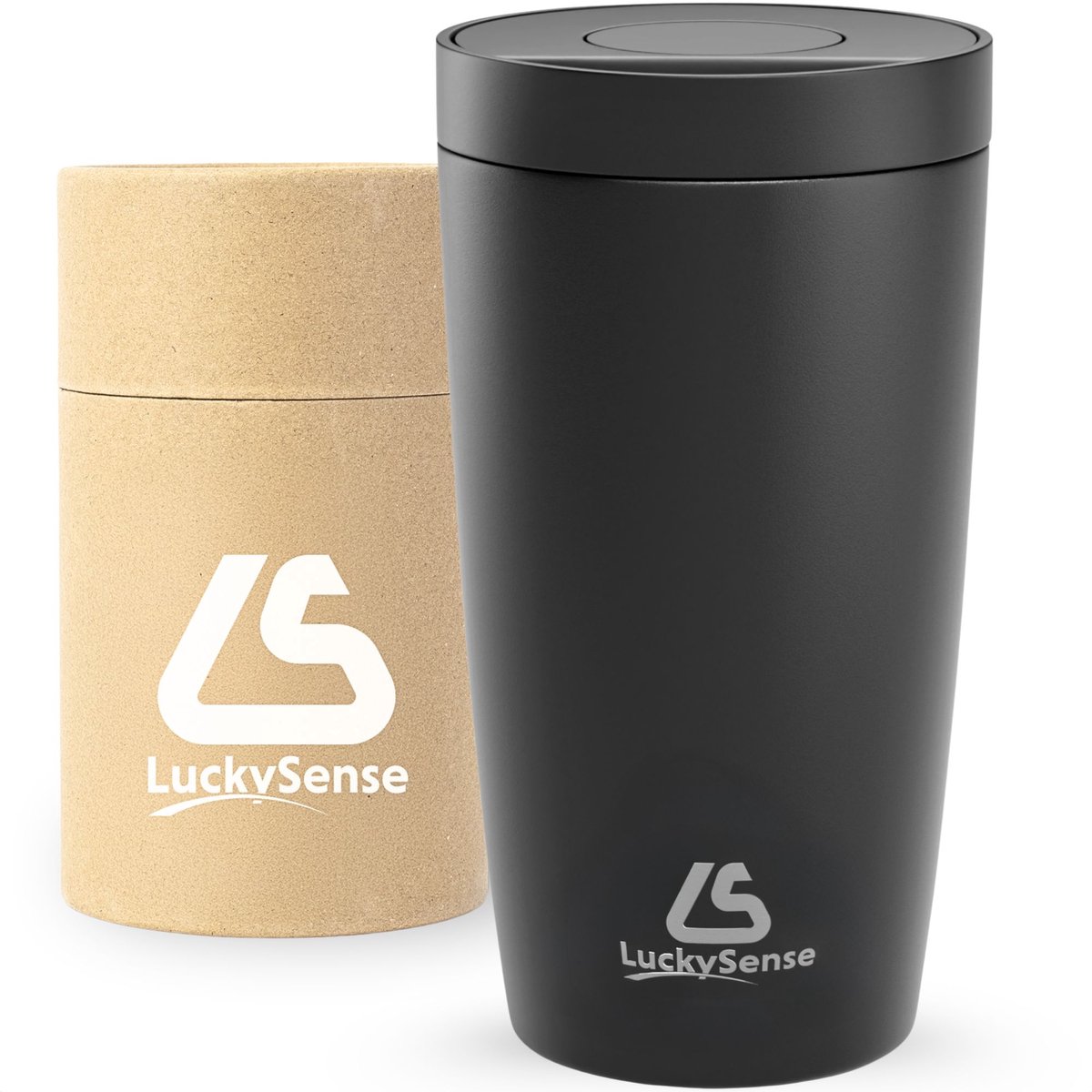 Travel Mug Thermosbeker - Koffiebeker to go - 380 ml - Theebeker - Drukknop - Dubbelwandig - RVS - Zwart