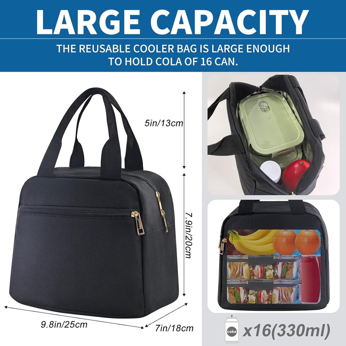 Lunchbox voor dames en heren, geïsoleerde lunchtas, herbruikbare lunchtassen, kleine thermische lunchboxen, snack-bento-koeltas voor werk, reizen en picknick (zwart) — cadeau in Cadeau-ideeën - foto 2