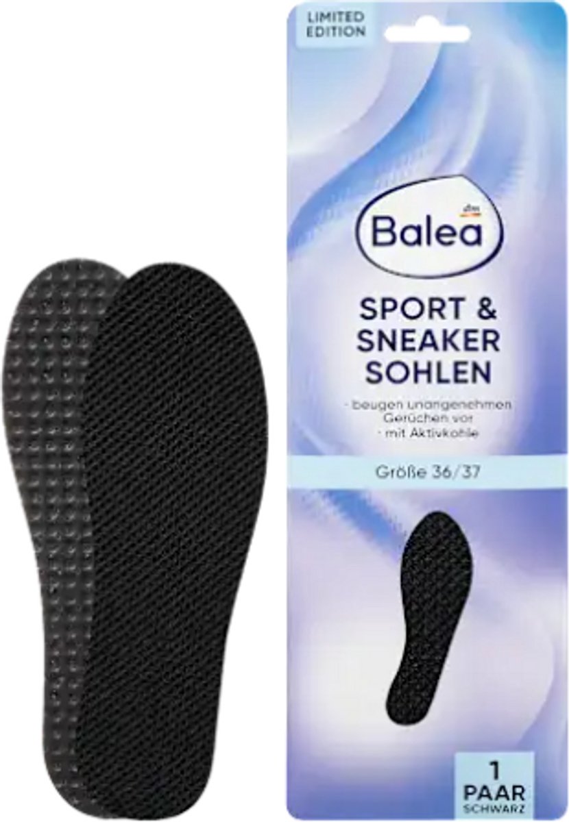 Balea Sport & Sneaker Inlegzolen - Maat 36/37 - Zwart | 1 Paar Latexschuim-inlegzooltjes | Met Actieve Kool tegen Onaangename Geurtjes
