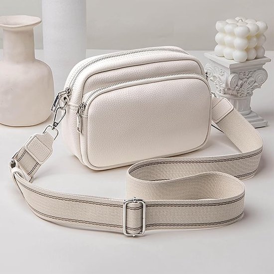 Crossbody Bag voor dames - kleine schoudertas met ritssluiting - brede schouderriem - PU-leer - crossbody schoudertas - mobiele telefoon - voor reizen - dagelijks werk - winkelen - beige