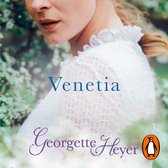 Venetia, een romantisch boek van Georgette Heyer, met een vrouw in een witte kanten jurk en de titel "Venetia".