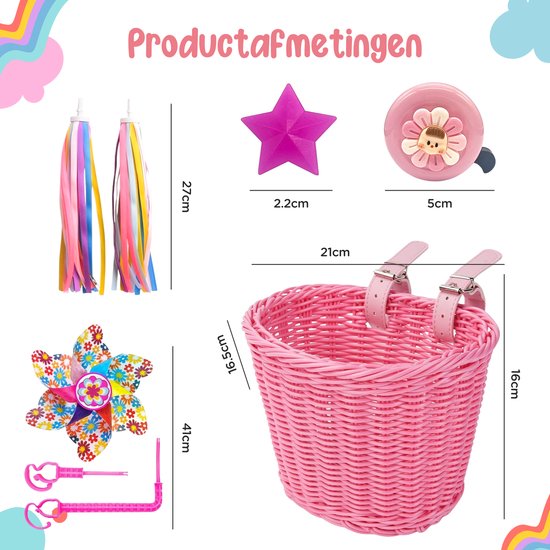 5-Delige Fietsmandje Meisjes Set - Fiets Versiering voor Kinderfiets inclusief Fietsbel Kind, Stuurslingers, Spaakkralen, Windmolentje - Fiets Accessoires voor Kinderen van Merkloos — afbeelding 2