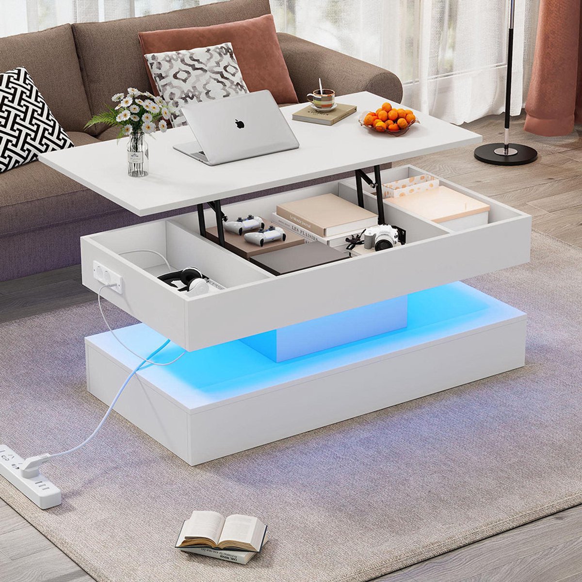 Komhtom Moderne salontafel met ledverlichting en verborgen opbergruimte - Bijzettafel met hydraulische hefmechanisme 100*50*42 cm draagvermogen 50 kg