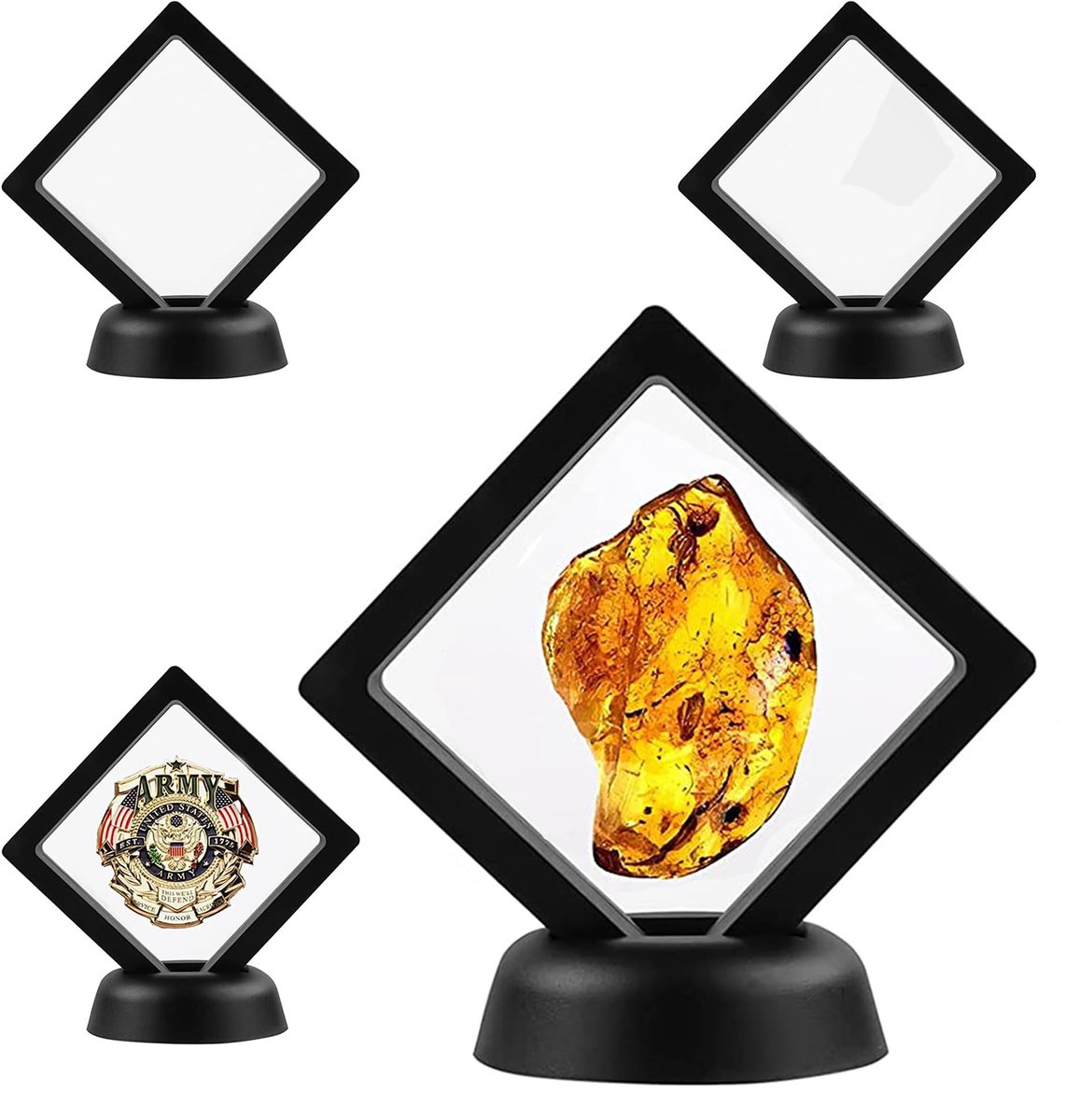 HAOBIN 4-delige houder, zwevend frame, displayhouder, muntendisplaydoos, zwevend frame, displayframe, muntenstandaard, presentatiestandaard met voet voor display, ring, hanger, armband, sieraden (4)