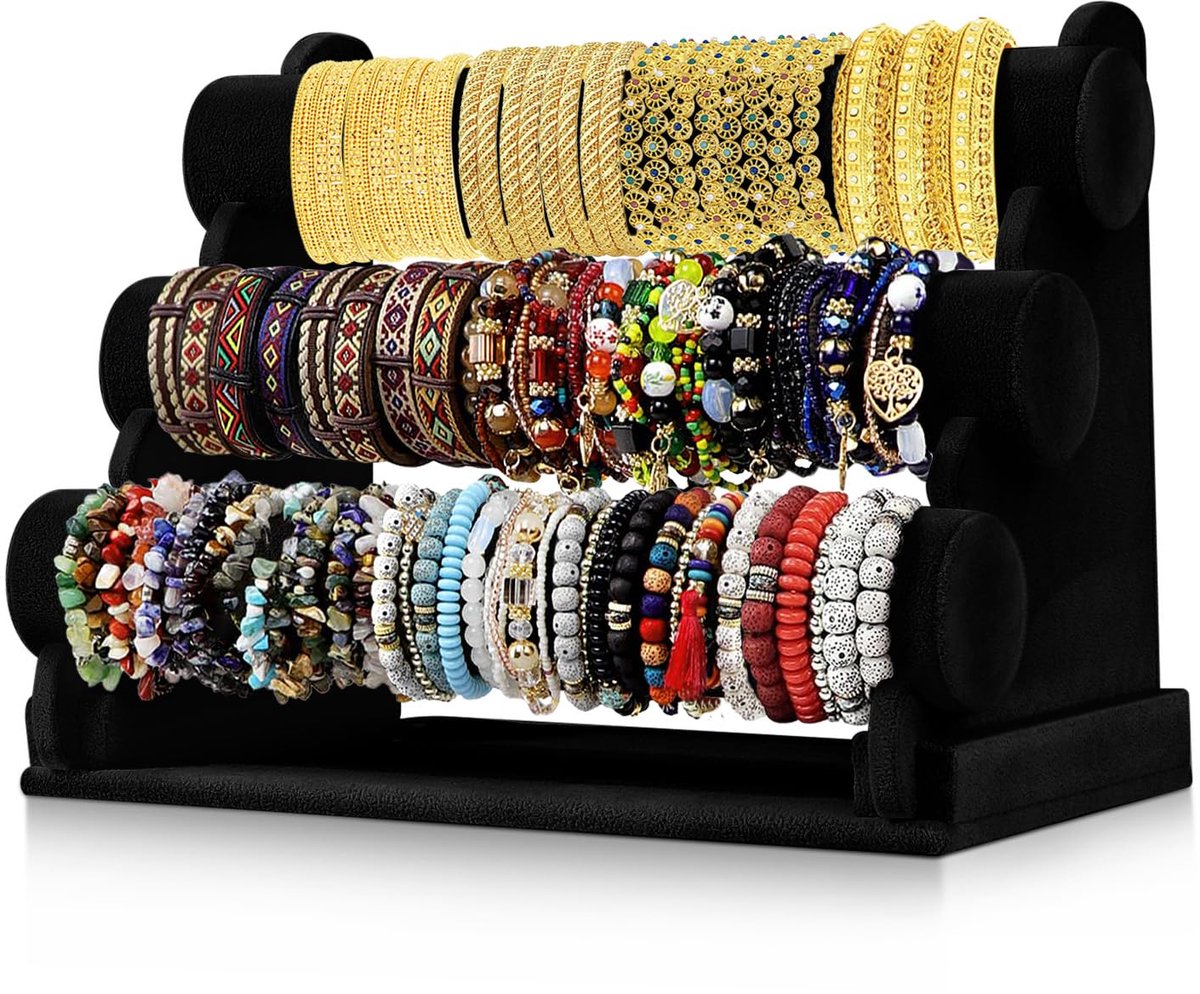 Flexzion 3-laags zwarte fluwelen sieradenstandaard met T-vormig handvat, afneembaar, voor kettingen, armbanden, oorbellen, bangles, hangers, enkelbanden, torens, horloges, sleutelhangers en organizers