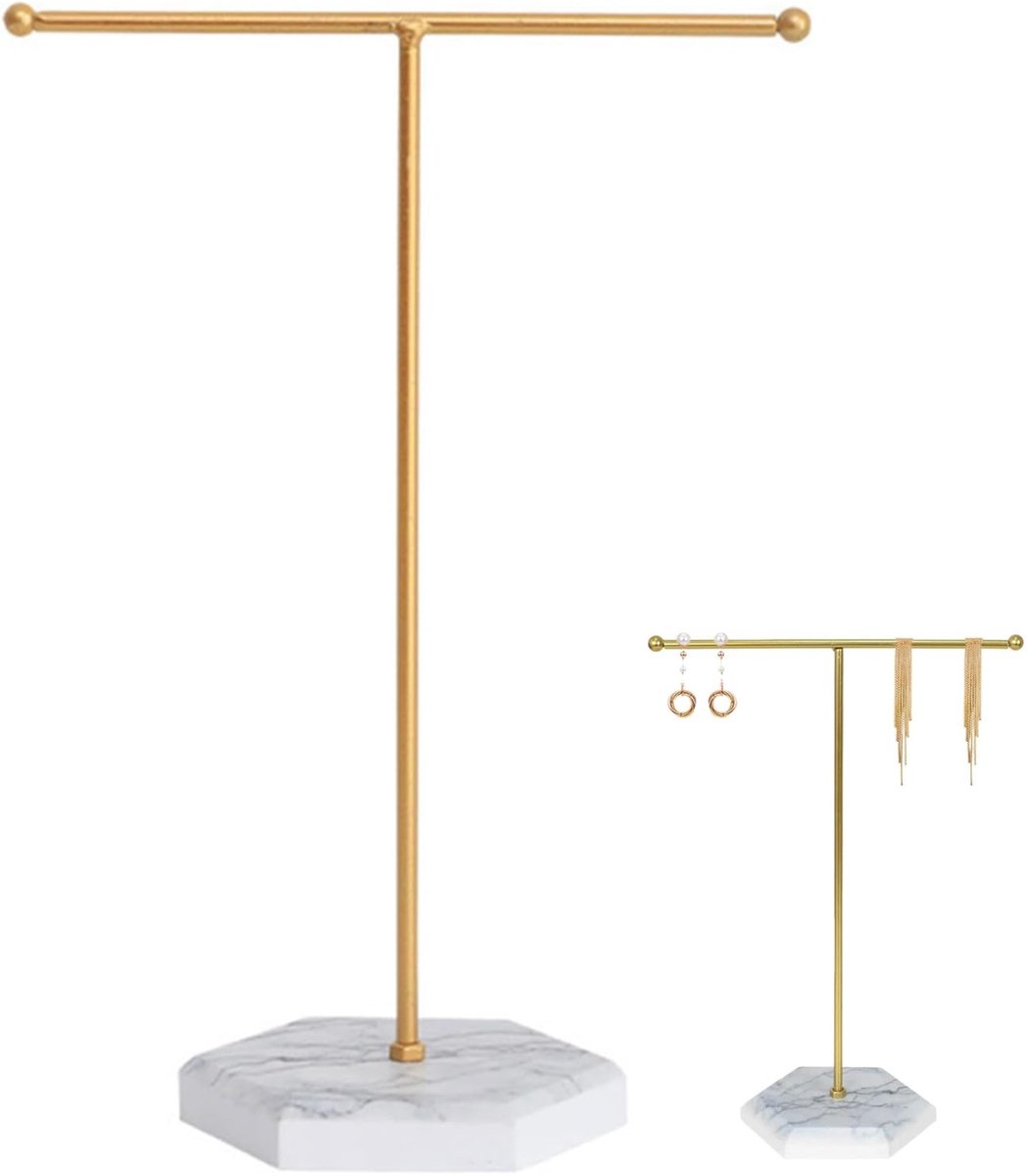 JJiaoLinin Sieradenorganizer, Sieradenstandaard, Metalen Sieradenstandaard, Gouden T-vormige Kettingstandaard, Sieradenopberger voor Armbanden, Oorbellen, Ringen, Kettingen (Wit + Goud)