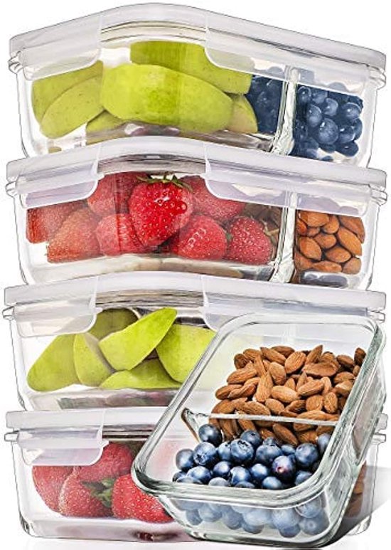 HEFTMAN Glazen voedselcontainers met deksels - 5-pack, 1040 ml