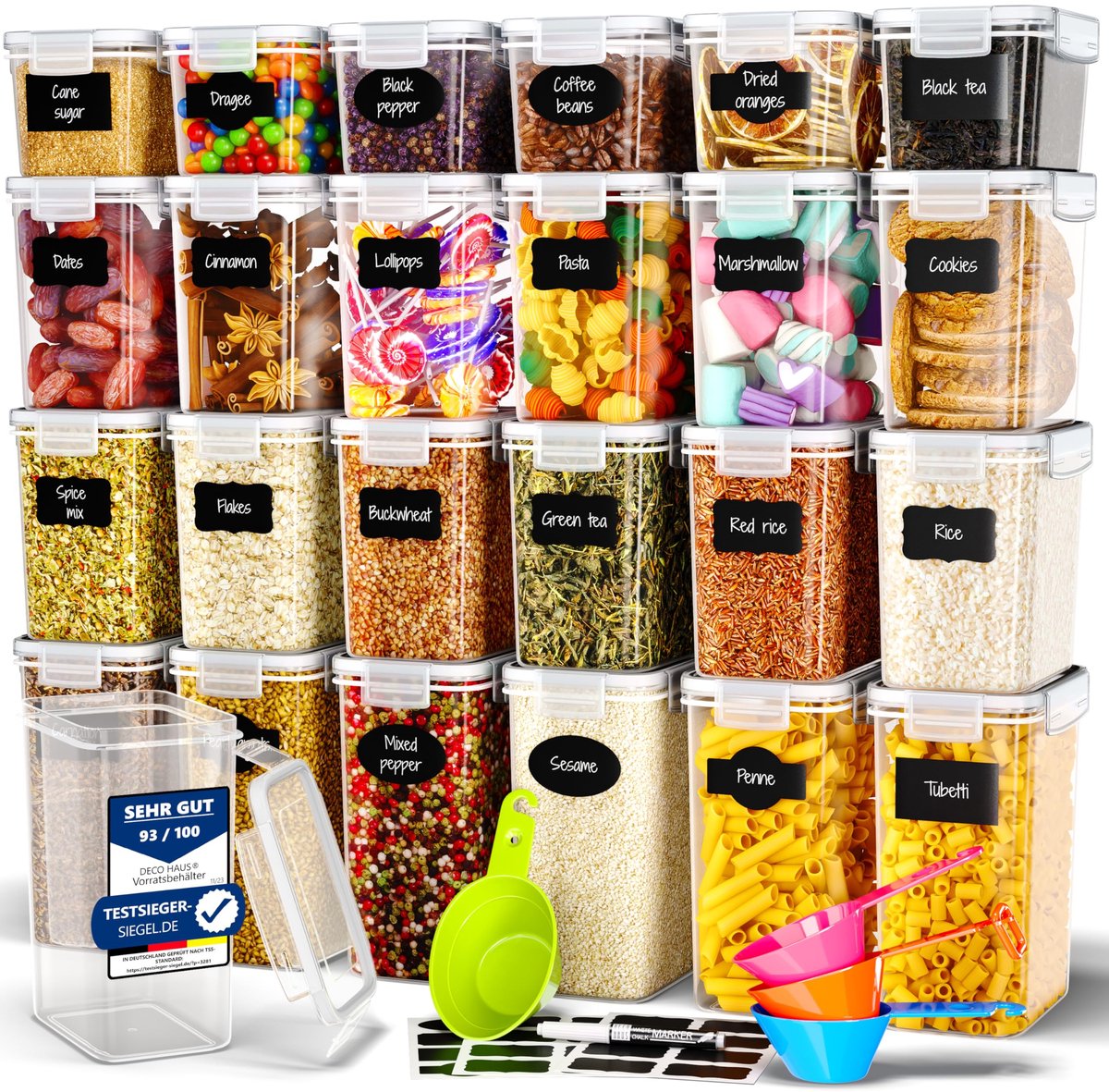 Deco haus® Luchtdichte opbergdozen met deksel, set van 24 - Voor pasta, ontbijtgranen, meel - Keukenopbergdoos met deksel - Keukenopslag en -organisatie - Keukenopslag en -organisatie
