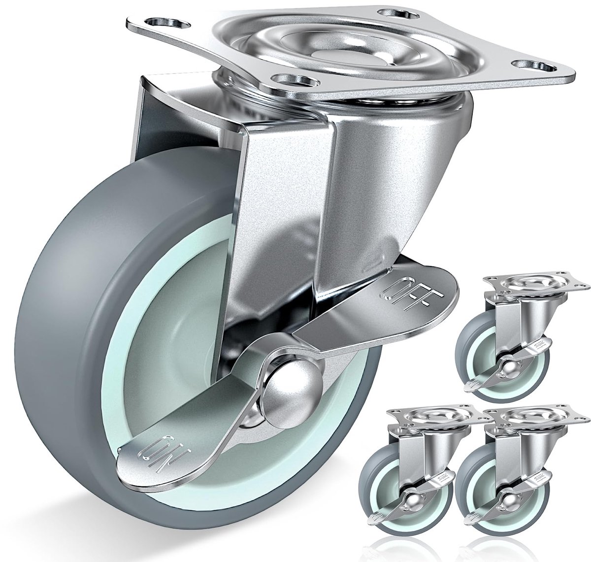 HOLKIE 75 mm zwenkwielen met zijremmen TPR zwenkwielen voor werkbankmeubilair of andere apparatuur draagvermogen 227 kg (set van 4)