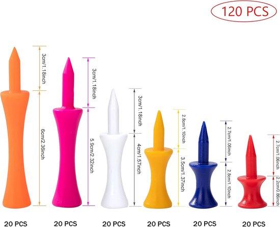 Golf Tees - Set 120 Stuks - 6 maten - Plastic - Herbruikbaar - Oefenmateriaal voor industriële golfers - Multi Kleur van Merkloos — afbeelding 5