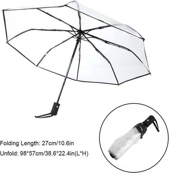 Doorzichtige paraplu met zwarte randen, automatisch en opvouwbaar tot 27 cm. Opgevouwen paraplu in cirkel.