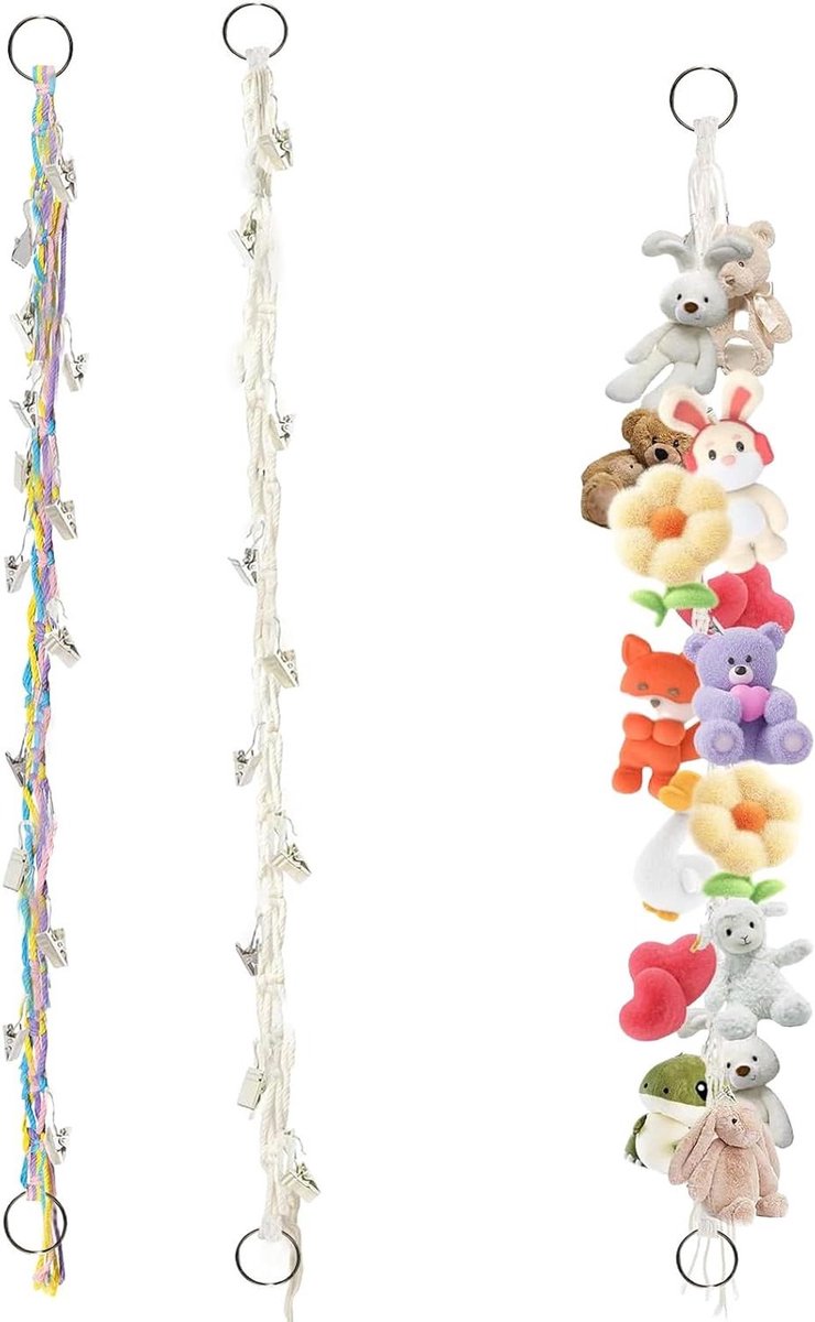 Allecto Plus - Hangmat voor knuffeldieren: set van 2 met 40 klemmen - Boho stoffen dierennet voor in de kinderkamer - Hangende opberghoek met houten ring - Decoratieve knuffeldieren opbergoplossing