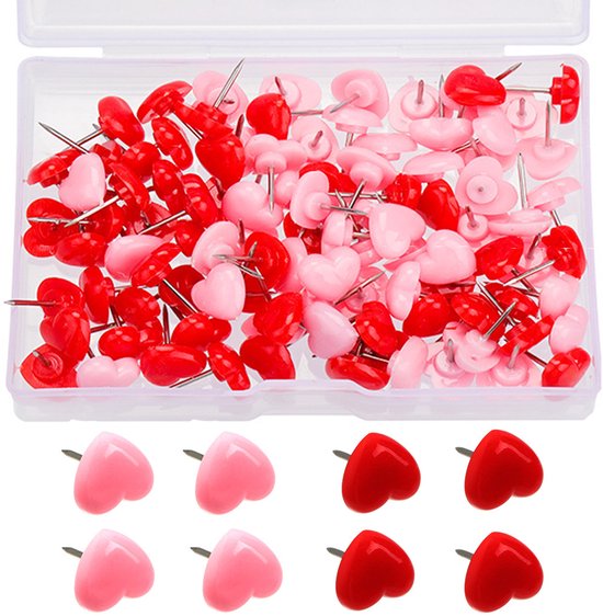 Punaises cœurs - Lot de 100 - Punaises pour tableau d'affichage - Punaises - Punaises de bureau - Punaises pour l'école - Accessoire de bureau - Pour Assiettes muraux en liège, notes, photos, projets, Hobby créatifs et dessin