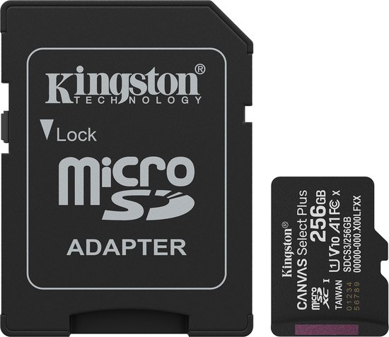 Zwarte micro SD-kaartadapter met een kleine micro SD-kaart ernaast. De kaart is 256GB en heeft de tekst 'Kingston', 'micro SD ADAPTER'.