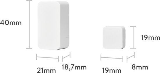 Afmetingen van twee witte Nuki-sensoren: 40x21mm en 19x19mm.