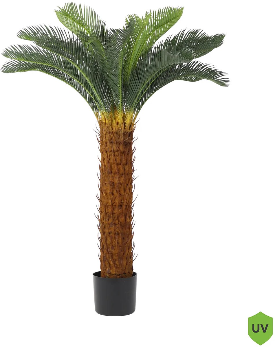 Kunstpalm Kunst Cycaspalm | 125cm – Cycas Nep Palmboom – Nep Palmplant – Dikke Stam - Binnen & Buiten– Tropische Kunstplant – Extra Vol Donkergroen