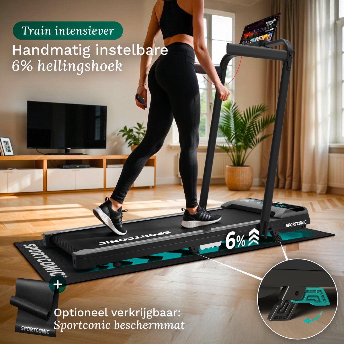 Afbeelding 3 van Sportconic Loopband 1-12km/u – Walking Pad – Loopband Inklapbaar – Wandelband – Met Hellingfunctie – Incl. Tablethouder en Afstandsbediening