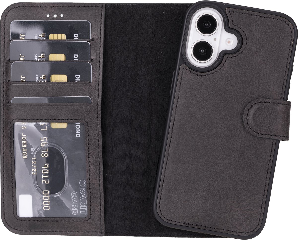 Lykke Leren Hoesje met Pasjeshouder voor iPhone 16 – Handgemaakt Echt Leer – MagSafe Hoesje – Zwart