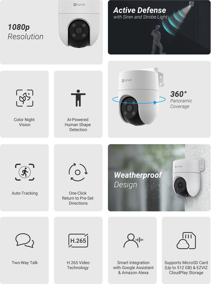 EZVIZ H8c 2K+ – Slimme Buitencamera – 360° Pan/Tilt, AI Persoonsdetectie & Nachtzicht in Kleur – Wifi Camera – Wit – foto 6