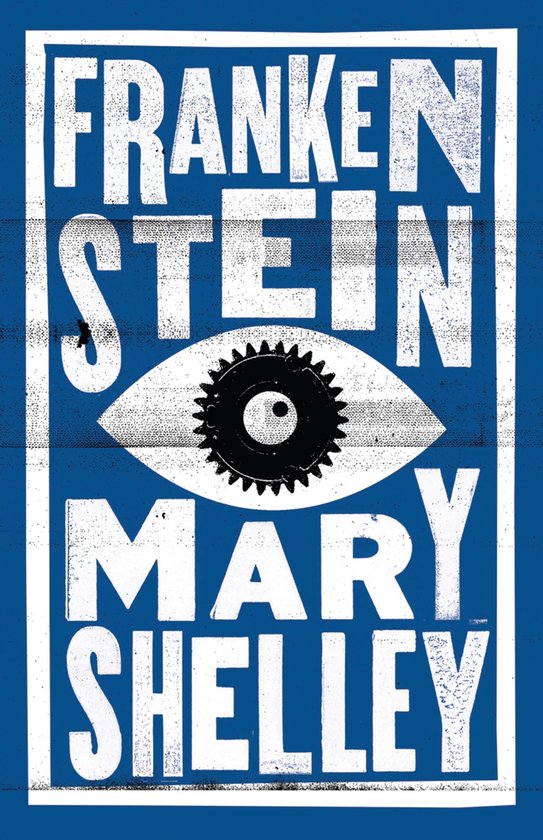 Couverture du livre 'Frankenstein' par Mary Shelley en lettres blanches sur fond bleu avec une icône d'œil.