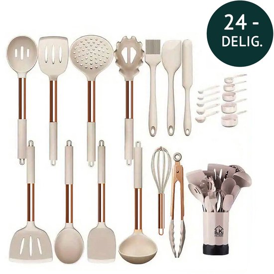 LK HOME Siliconen Keukengerei Set met Houder - Kookgerei 24 delig - BPA & Plastic Vrij - Ophangbaar Khaki/Créme Rosé-Goud.