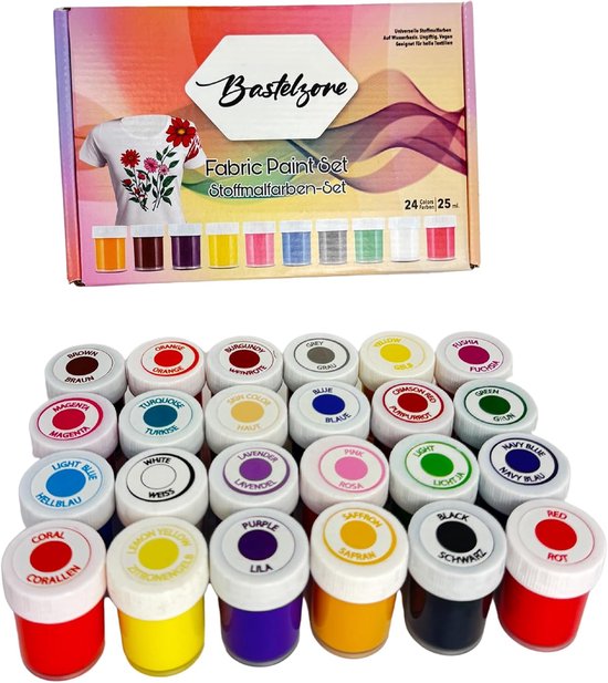 Set de Peinture textile de 24 couleurs vives, 25 ml chacune - Ensemble de peinture pour tissu lavable - Peinture pour tissu vibrante et hautement pigmentée - Peinture lavable en machine pour T-shirts, coton et tissus (24 couleurs x 25 ml)