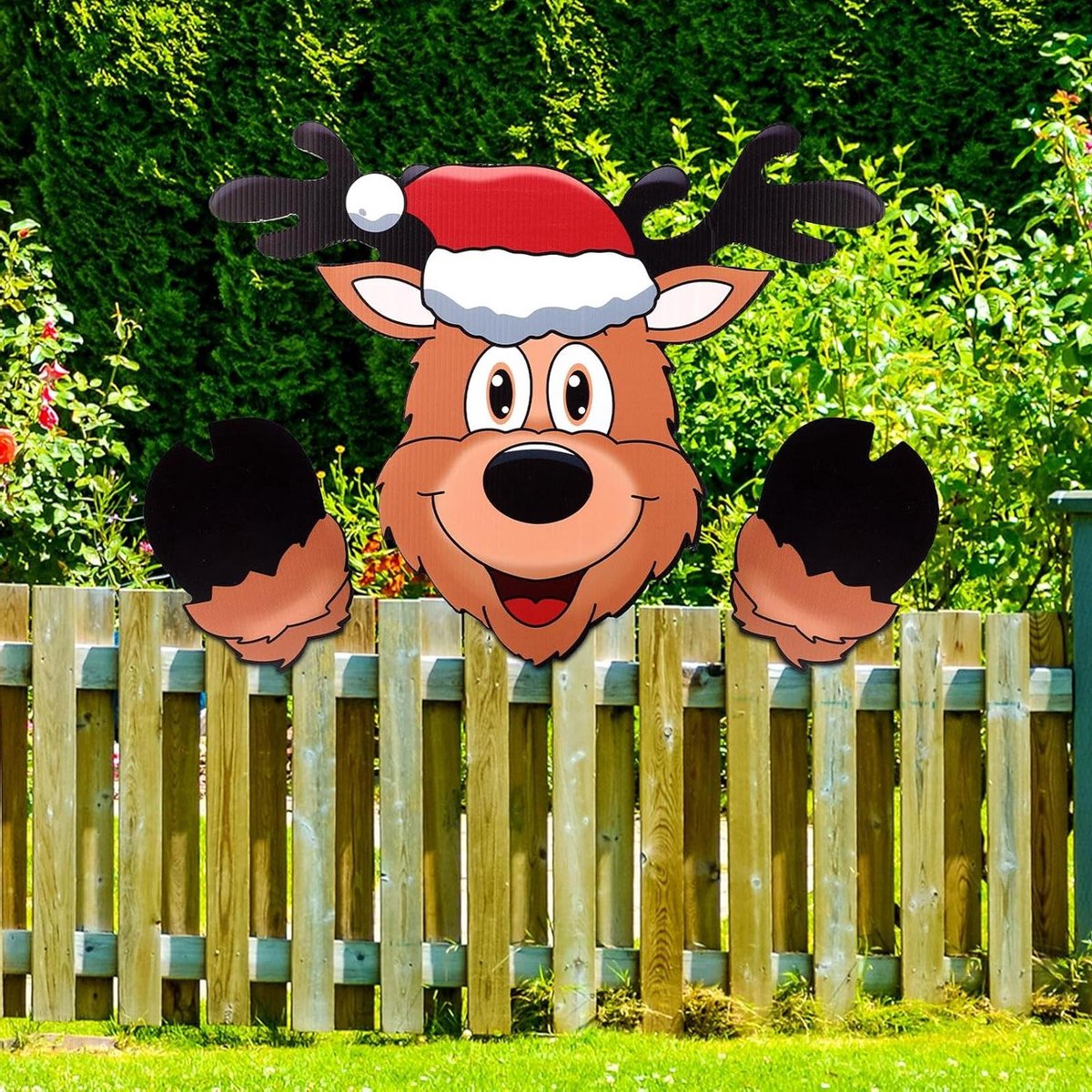 Kerst Hek Peeker Decoratie - Kerstversiering Rendier voor Buiten - Vakantietuin Hekdecoratie