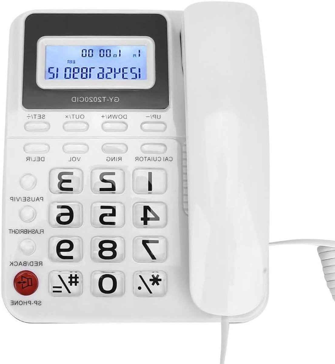 Allecto Plus - Bekabelde telefoon met luidspreker en nummerweergave - grote knoppen - rekenmachine - dempen - dubbele interface - rood/zwart/wit.