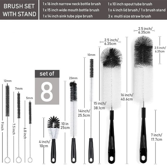 8x Flessenborstel - Flessenrager - Speenborstel - Schoonmaakborstel - Flessenreiniger - Drinkfles Reiniger - Melkfles Borstel - Pijpenborstel - Kras- en BPA vrij - Geschikt voor rietjes, flessen, waterflessen, bierflessen, thermosflessen - Zwart van Merkloos — afbeelding 2