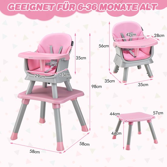 COSTWAY 6-in-1 babystoel, kinderstoel, eetkamerstoel, leertafel & bouwsteentafel & kinderzitgroep, kinderstoel met veiligheidsgordel en afneembaar dienblad, babystoel, combi-kinderstoel van Merkloos — afbeelding 2