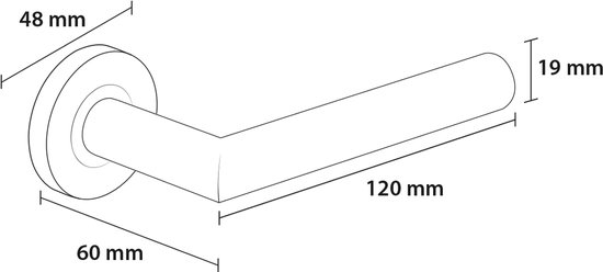 Technische tekening van een mat witte deurklink met afmetingen: 120 mm lengte, 19 mm breedte, 48 mm rozet hoogte, 60 mm rozet diepte.