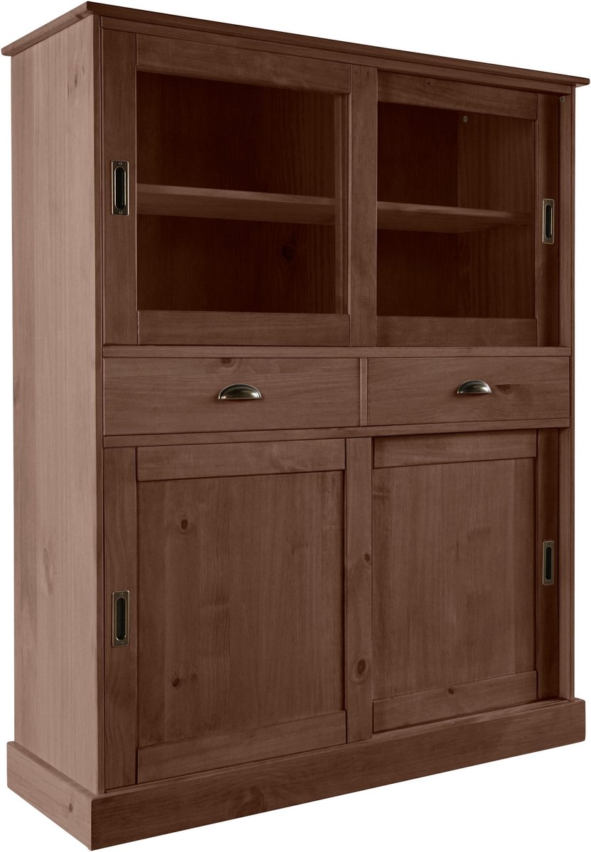 Harry Highboard met 4 Schuifdeuren, 2 Lades en Glaspanelen - Massief Grenenhout - 114 cm - Bruin