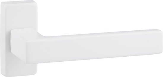 Poignée de fenêtre blanche avec rosace rectangulaire et une poignée rectiligne.