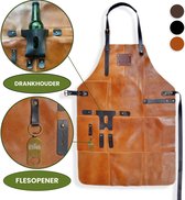 Leren Schort Licht Bruin - Cognac Heren Barbecue – Stoer Lederen Schort Man BBQ Accessoire van echt Leer voor Heren + Drankhouder, Flesopener, Handdoeklus + Groot Vak – Mannen – Leren BBQ kookschort als Cadeau voor Kerst, Vaderdag of Verjaardag