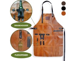 Leren Schort Licht Bruin / Cognac Heren Barbecue – Stoer Lederen Schort Man BBQ Accessoire van echt Leer voor Heren + Drankhouder, Flesopener, Handdoeklus + Groot Vak – Mannen – Leren BBQ kookschort als Cadeau voor Kerst, Vaderdag of Verjaardag