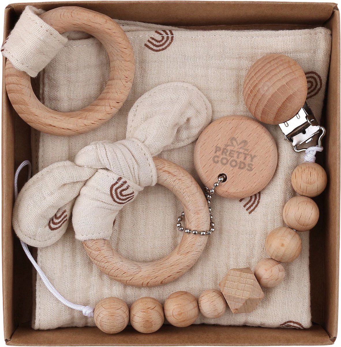 Baby Cadeau – Kraamcadeau Unisex – 3-delige Geschenkset met Bijtring, Speenkoord & Knuffeldoekje – Babyshower / Gender Reveal - Beige met print