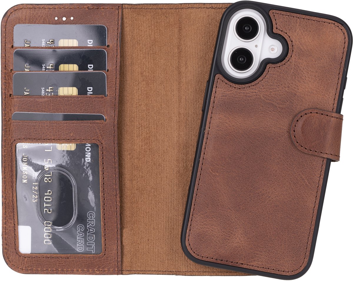 Lykke Leren Hoesje met Pasjeshouder voor iPhone 16 Plus– Handgemaakt Echt Leer – MagSafe Hoesje – Bruin