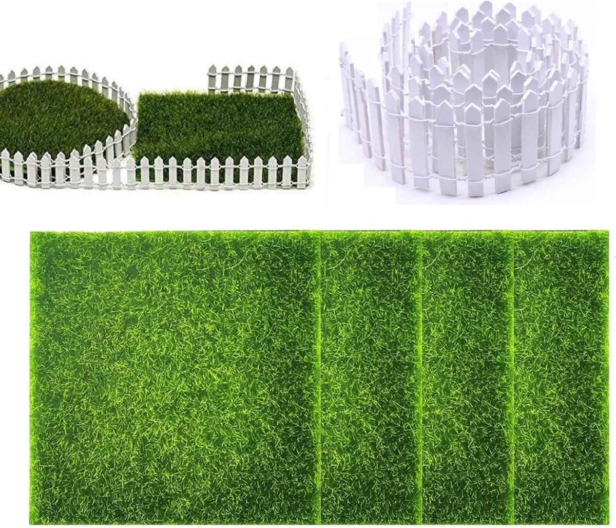 Miniatuur kunstgras tapijt en kunstmos decoratie - 4 stuks met tuinhek, 5 x 90 cm - voor binnen en buiten microlandschap tuindecoratie