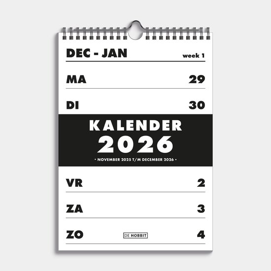 Hobbit - Spiraalkalender 2026 - A4 (29,7 x 21 cm) - Weekplanner - Weekkalender - Zwart/wit