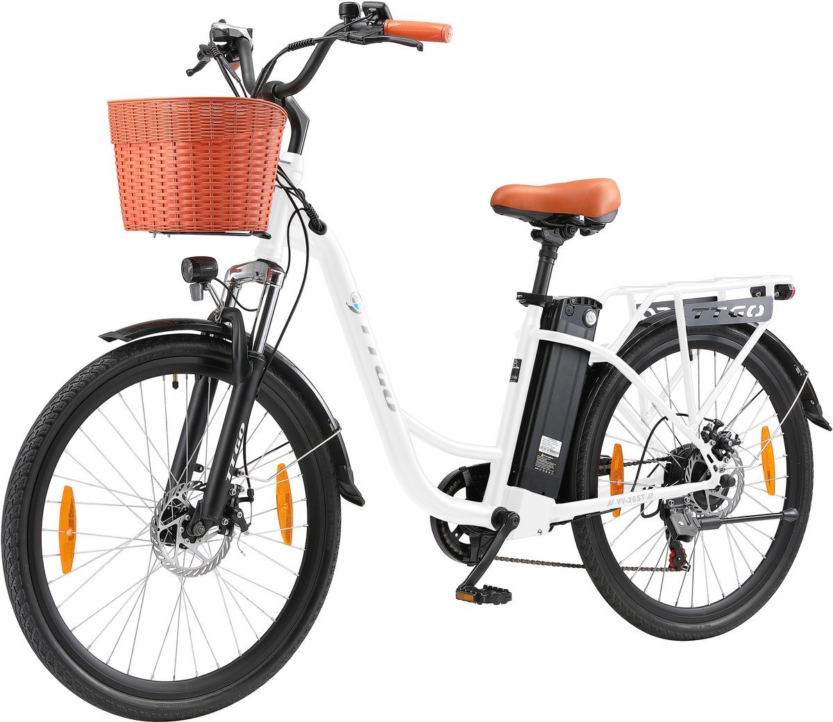 Elektrische Fiets TTGO YY-26ST Wit- 522Wh/15Ah Accu - 75 km Bereik - 250W Motor - Instap Frame - 26 Inch Wielen -Verende voorvork- Shimano 6 Versnellingen - LCD Display - Stadsfiets voor Dames en Heren