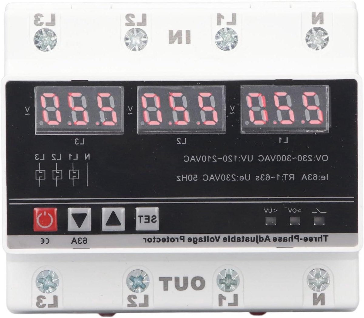 Allecto Plus - Stroombeveiliging AC120V 300V 63A 3-fase Instelbaar - Overspanningsbeveiliging - Over- en Onderspanning - DIN-railmontage