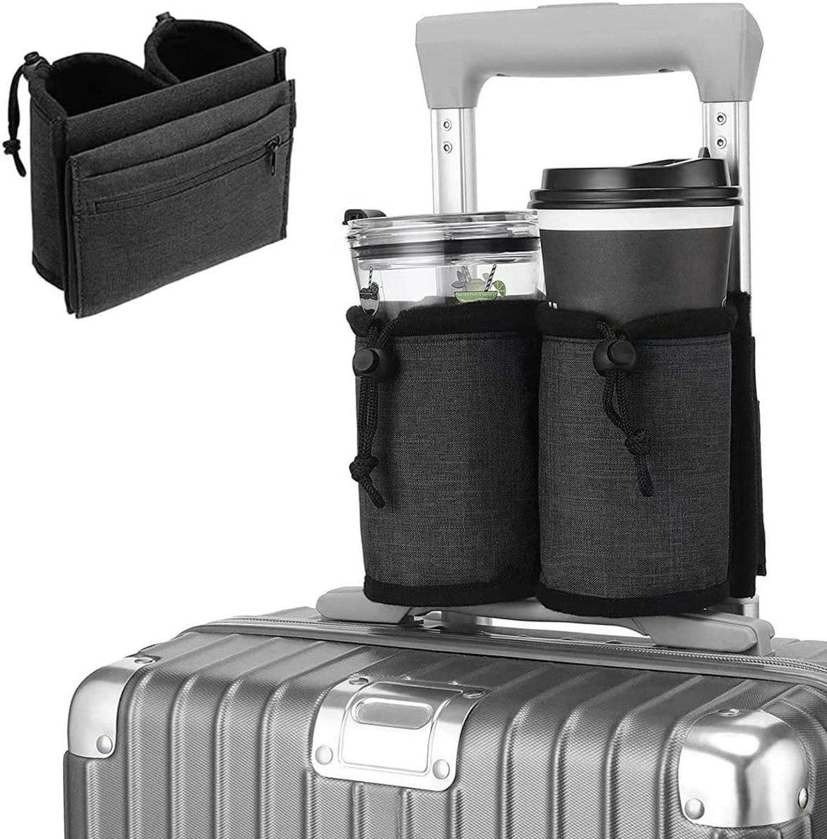Cuphouder voor twee koffiekopjes - Handige reisbekerhouder voor koffiebeker - Geschikt voor de meeste kofferhandvatten - Praktische reisaccessoires voor zakenlieden en reizigers - Vluchtattendants - Zwart.
