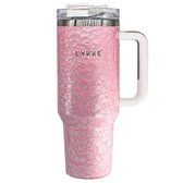 Gobelet LYKKE® 3 couches (Unique) avec couvercle à 3 positions 40 oz 1,2 L | Paille et poignée intégrées | Porte-gobelet de voyage | Tasse isotherme en acier inoxydable | Sans BPA | (Marbre rose Massief )