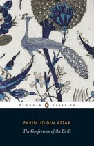 Blauw-witte tegels met een pauw, bloemen en bladeren. Penguin Classics logo, titel 'The Conference of the Birds' door Farid Ud-Din Attar.