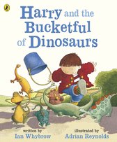 Boekcover met de titel 'Harry and the Bucketful of Dinosaurs'. Een jongen springt met een blauwe emmer over dino's.
