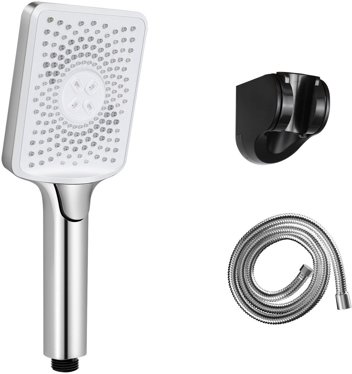 NETTLIFE Douchekop - chroom - met Slang - vierkant - Hoge druk - 3 Sproeistanden - met houder - Waterbesparende Handdouche - Luxe Moderne Handdouche