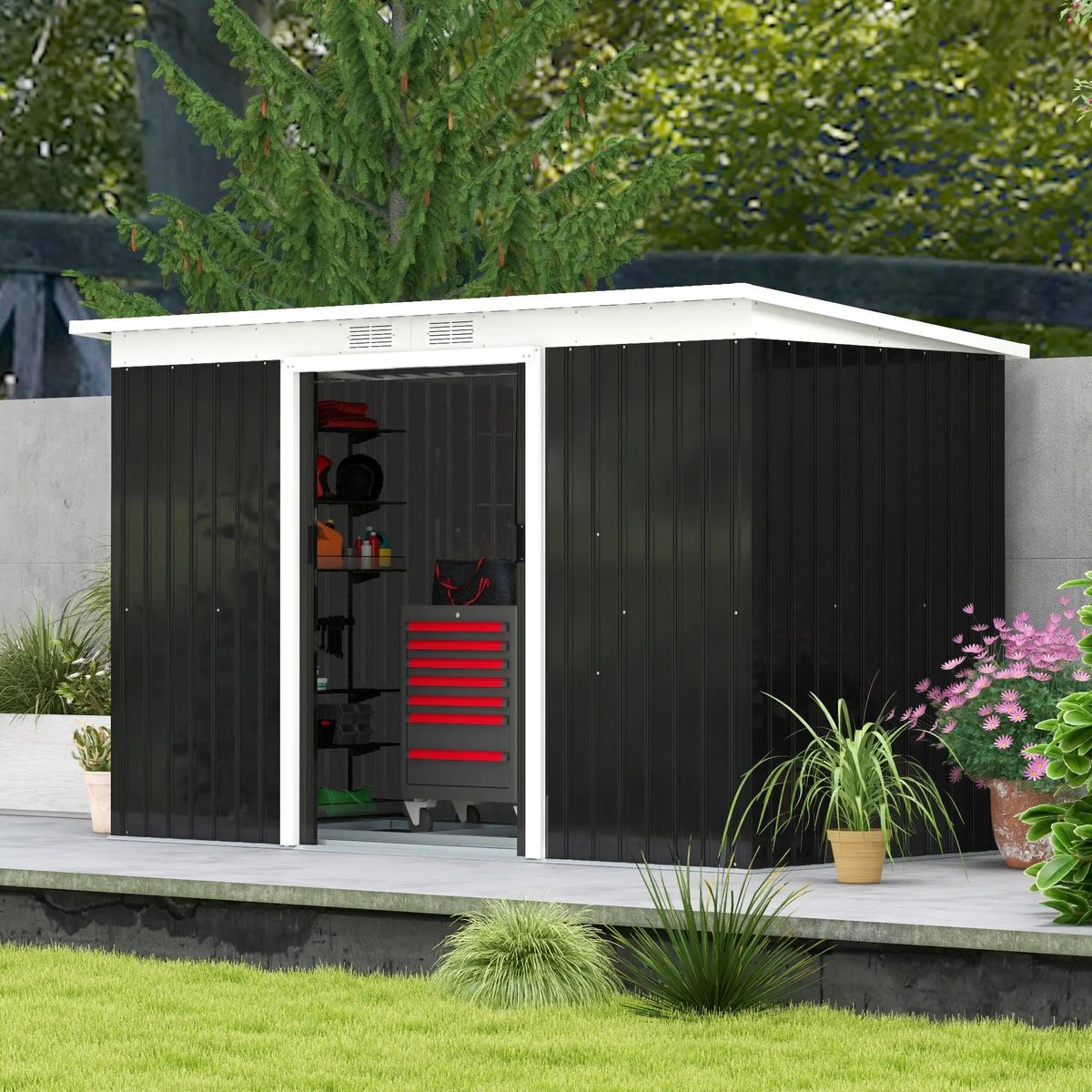 Pugsdrly Gereedschapsschuur, tuinhuisje, gereedschapsschuur met schuifdeur, ventilatieramen, lessenaarsdak, outdoor, staal, donkergrijs, 280 x 130 x 172 cm