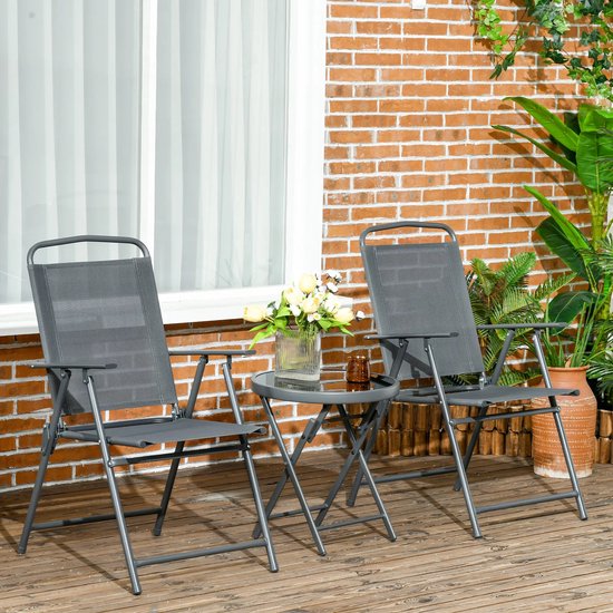 Pugsdrly Ensemble de Bistro 3 pièces en métal Ensemble de meubles de jardin résistant aux intempéries avec table pliante en verre Chaises de jardin Gris foncé