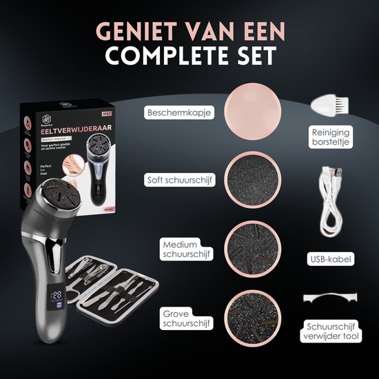 Beeperfect eeltverwijderaar complete set in donkergrijs, met beschermkap, 6 schuurschijven (soft, medium, grove), reinigingsborsteltje, USB-kabel en schuurschijf verwijder tool.