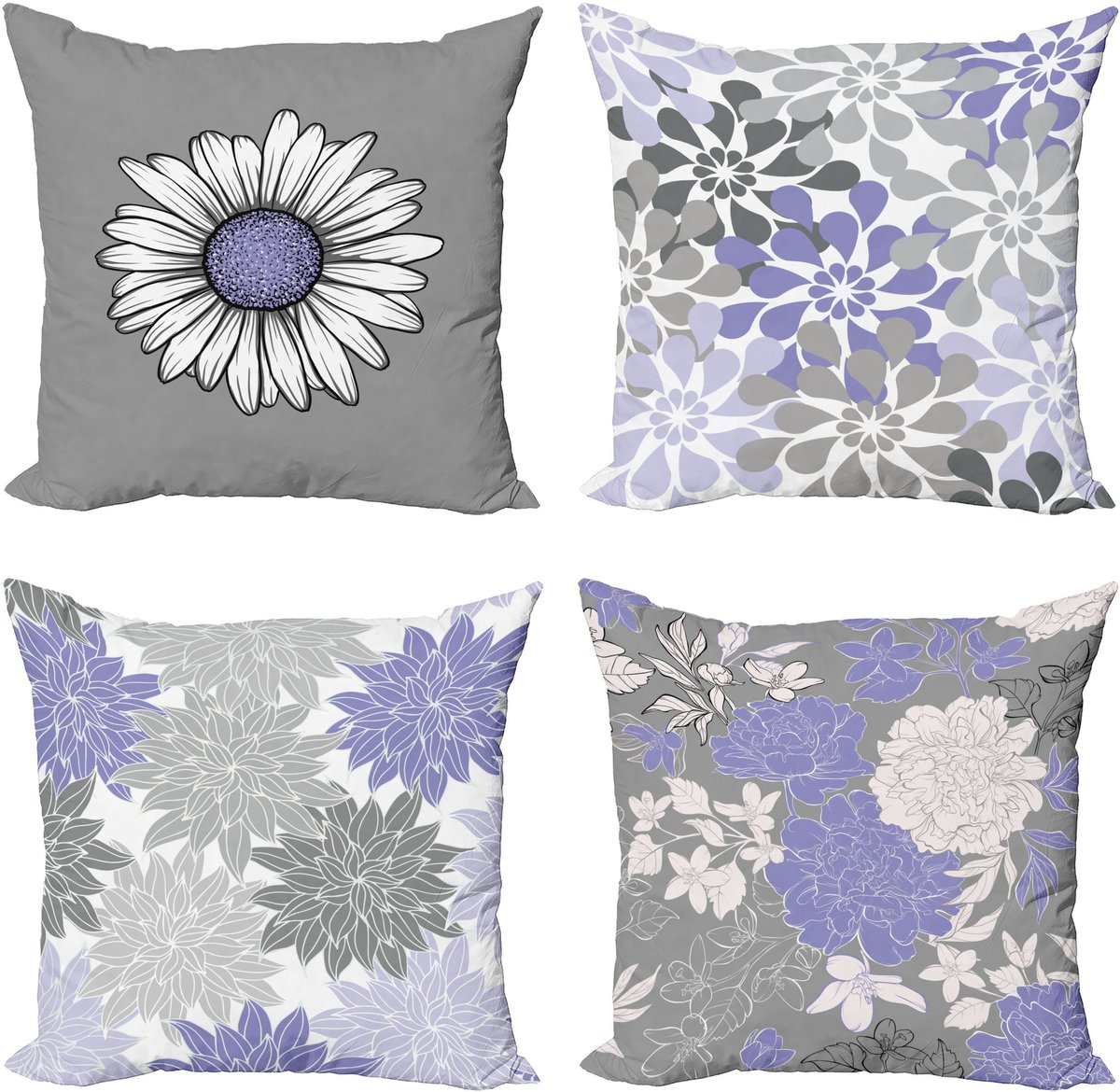 New Bed Bloemrijk Bloemblaadjes Moderne Kleurenpalet Kamille Kussenhoes met sierkussen, 4-pack, modern accent, dubbelzijdig digitaal bedrukt, 50 cm x 50 cm Lavendel en Grijs